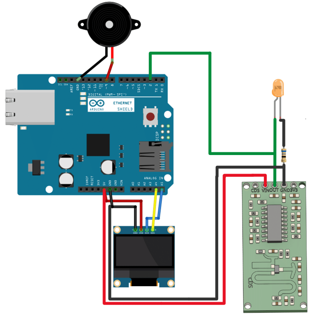 LAB med Arduino, OLED skjerm, BUZZER og RCWL-0156 doppler Radar satt opp sammen og klart for testing.